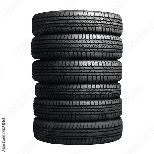 Stack of six tires close up view on transparent background