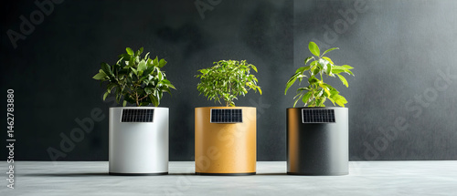 Wallpaper Mural Three modern smart planters with solar panels showcase sustainable indoor gardening. Ideal for contemporary homes or eco-friendly office spaces. This highlights innovative design and green living Torontodigital.ca