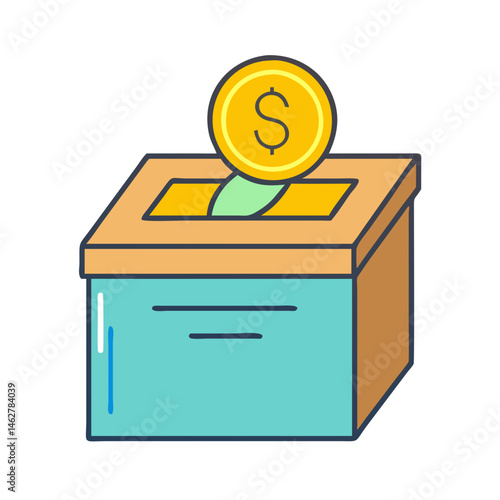 Illustration of donation box with coin, charity, fundraising, giving, and financial support concept