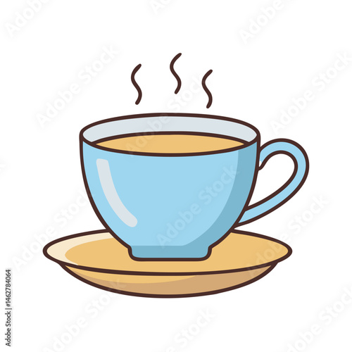 Illustration of blue coffee cup with hot drink on saucer steaming tea cup beverage cafe art