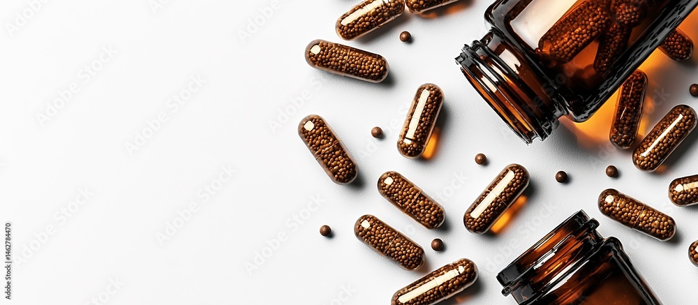Amber capsules filled with small brown granules on a white background. Amber capsules filled with small brown granules on a white background.