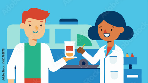 Patient Interaction A smiling patient giving a sample at a mobile lab station with a healthcare professional carefully collecting the sample.
