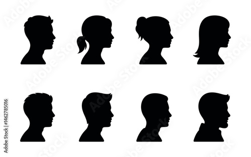 Collection of Eight Diverse Human Head Silhouettes in Profile View