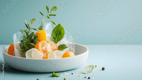 Wallpaper Mural Fresh ingredients including orange fruit and herbs nestled with plastic film in a speckled bowl suggests food preparation and environmental awareness Ideal for food waste or sustainability campaigns Torontodigital.ca