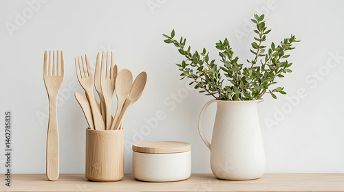 Wallpaper Mural Natural kitchen essentials displayed on a wooden surface fostering an eco-friendly and serene home environment perfect for sustainable living and healthy dining. Torontodigital.ca