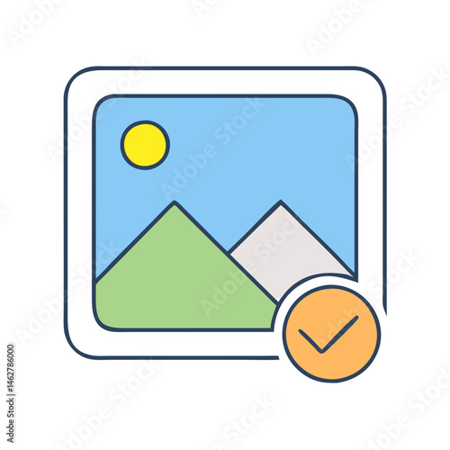 Completed image upload with mountain landscape and sun illustration with checkmark icon