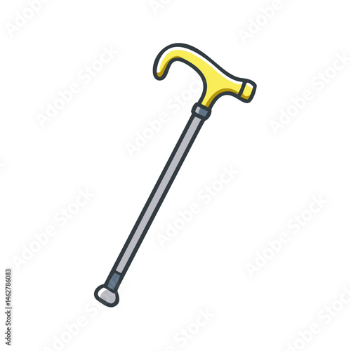 Walking cane illustration: mobility aid, golden handle, support equipment, assistive device, stick