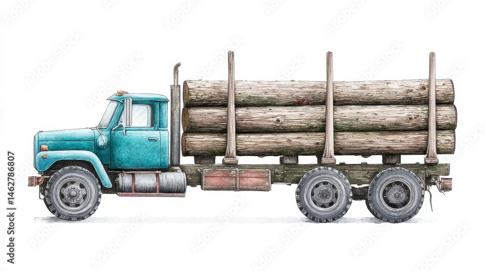 Obraz premium Log Truck Hauling Timber - Teal log truck carrying a load of timber against a white background. Perfect for lumber, forestry, and transportation themes