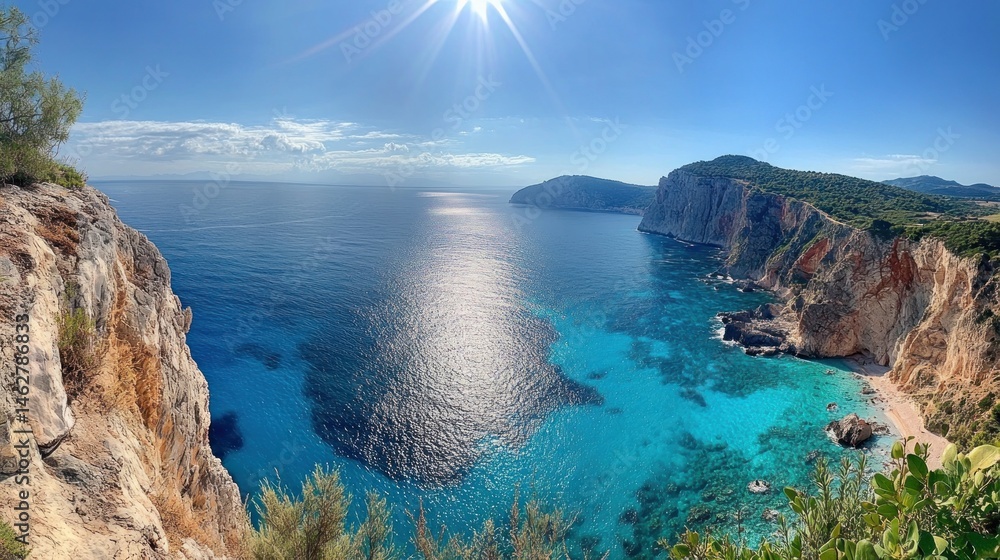 Fototapeta premium Coastal panoramic view, clear water, sunny day, rocky cliffs, island background, travel brochure