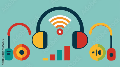 Headphone Display An eyecatching illustration of a variety of headphones from overear to wireless with price slashes indicating discounts.