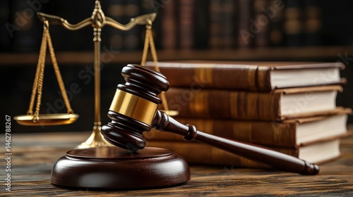 Judicial gavel, scales, and legal books on a wooden table.
