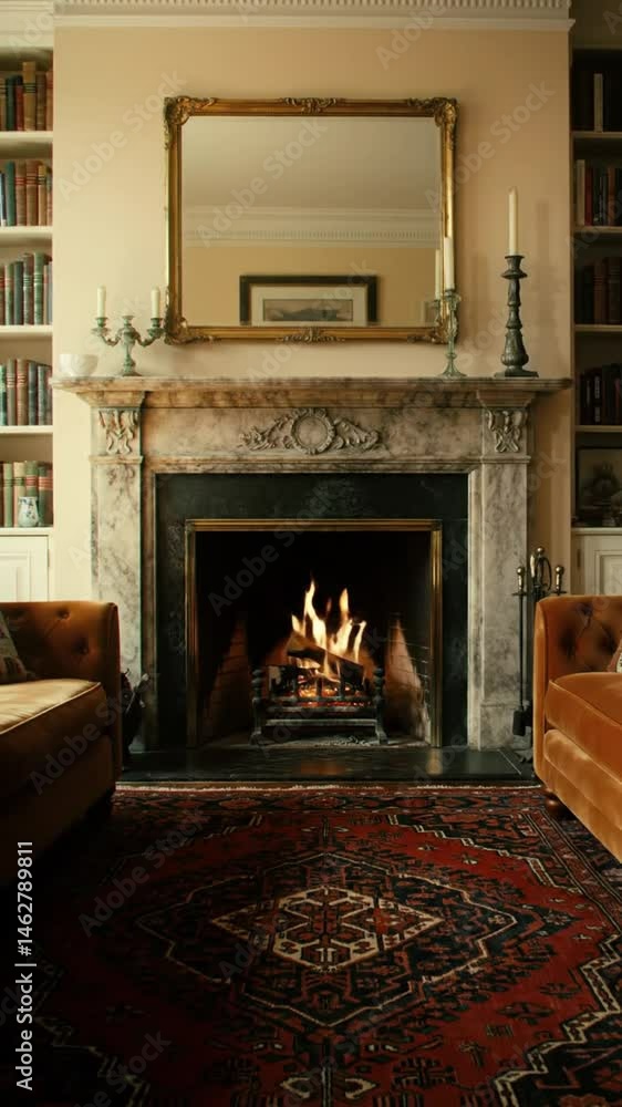 Interior view of a fireplace with a mirror and bookshelves in a living room