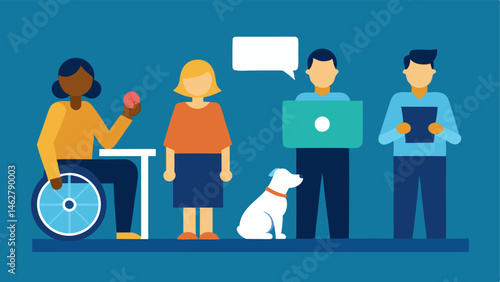 Inclusive Newsroom A busy news newsroom featuring various journalists with one using a wheelchair another with a service dog and another using a sign language interpreter.
