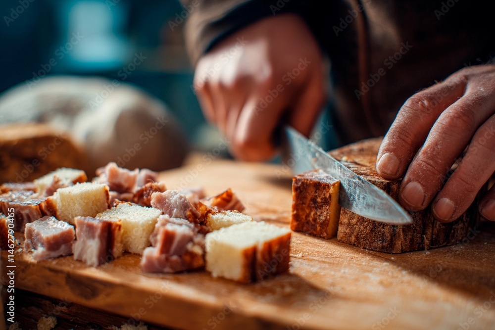 Hands chop fresh bread and cured meat on a wooden cutting board in a warm, rustic kitchen. Sunlight highlights the textures and details, creating a cozy atmosphere Hands chop fresh bread and cured meat on a wooden cutting board in a warm, rustic kitchen. Sunlight highlights the textures and details, creating a cozy atmosphere