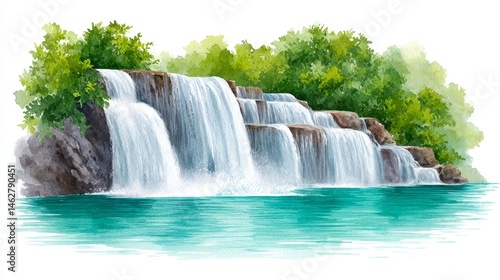 Serene Waterfall Landscape - A picturesque watercolor painting of a waterfall cascading into a tranquil teal pool, surrounded by lush green foliage
