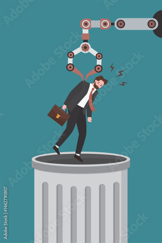 Robotic hand holding little businessman in order to throw him into trash can. AI replaces human intellect. Business failure, unemployment, get fired.