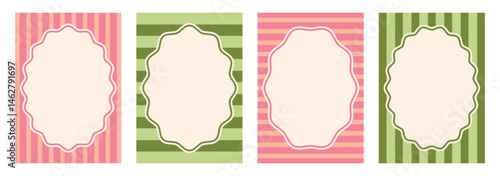 Set of stylish backgrounds for birthday, wedding with wavy edge. Striped background and oval frame with wavy edge. Vector design of abstract template for invitations, cards, banners, text boxes.