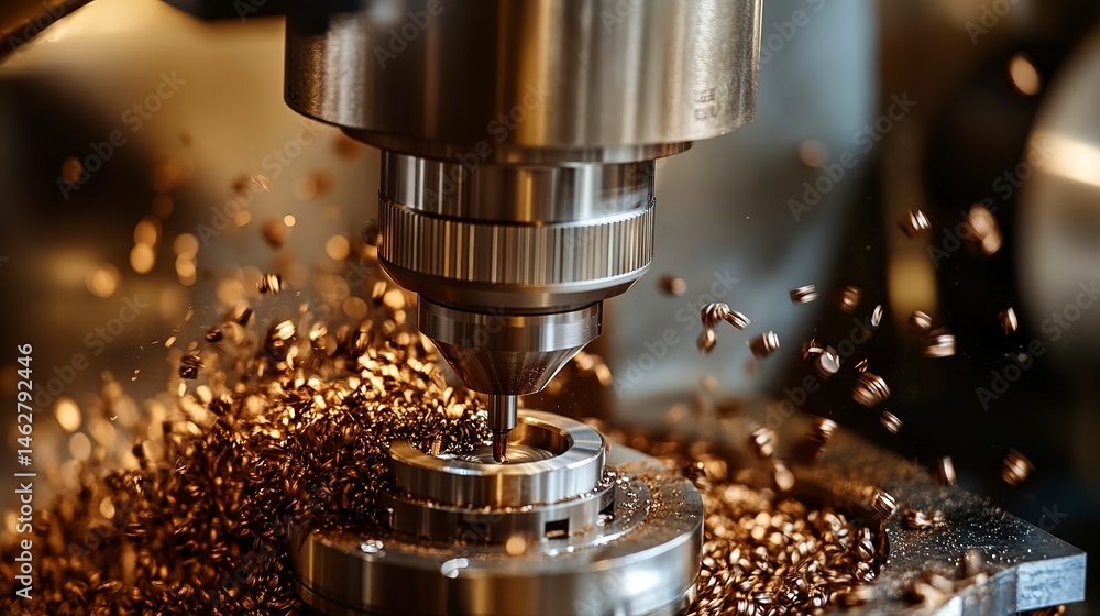 Mechanical engineer operates CNC machine to precision-cut metal components in workshop environment Mechanical engineer operates CNC machine to precision-cut metal components in workshop environment