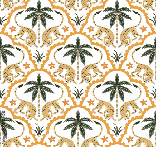 Leopard animal, arch, tropical palm tree, flower seamless pattern. Boho floral wallpaper.