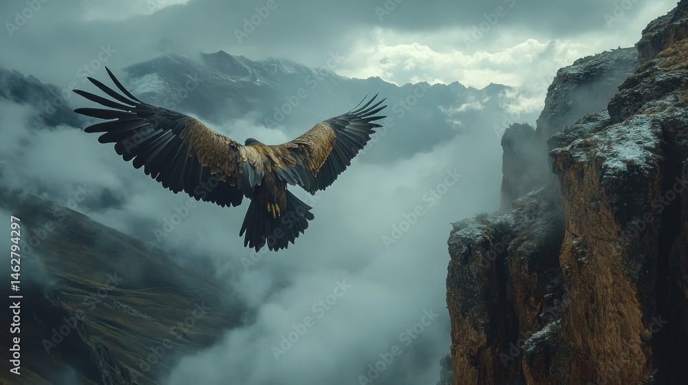 Fototapeta premium Eagle soaring above misty mountain peaks