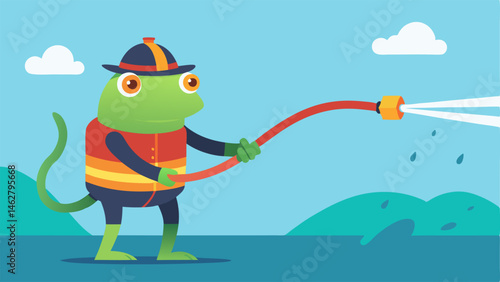 Frog to the Rescue A dynamic scene shows a frog firefighter with oversized gloves and a helmet energetically fighting a small fire. The hose is wrapped around its body and water