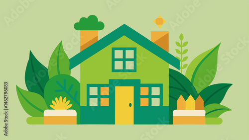 Living Green Wall A stylized illustration of a home with a living green wall made of vibrant plants incorporating ecofriendly decor elements like solar lights and bamboo accents.