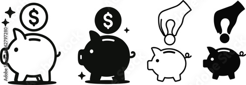 Set of piggy bank with dollar coin, vector illustration.