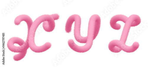 3d pink fur letter X, Y, Z. Cat tail, animal hair alphabet. Fluffy font bubble typescript text. Furry pompon typography. Hairy vector capital script, fuzzy soft plush character. Puffy toy texture