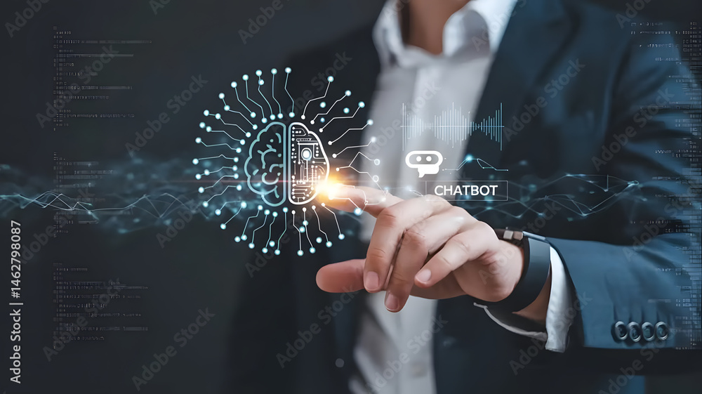 Naklejka premium Businessman Interacting with a Futuristic Chat bot Interface
