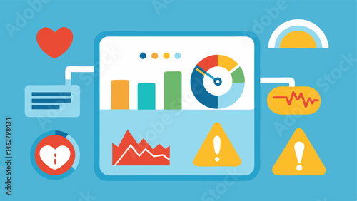 Health Metric Alerts A notification area with alerts showing worrisome health metrics like high cholesterol or low activity represented by warning symbols and friendly