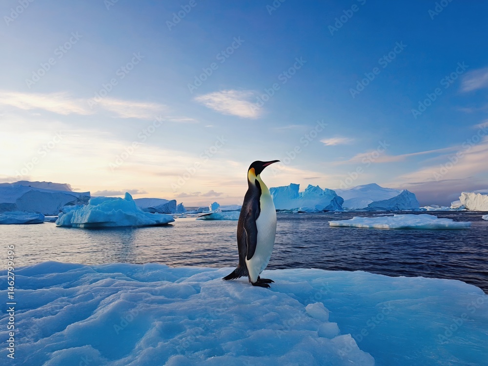 Fototapeta premium a penguin on an ice floe surrounded by an icy landscape and a calm sea. The atmosphere is cold and peaceful.