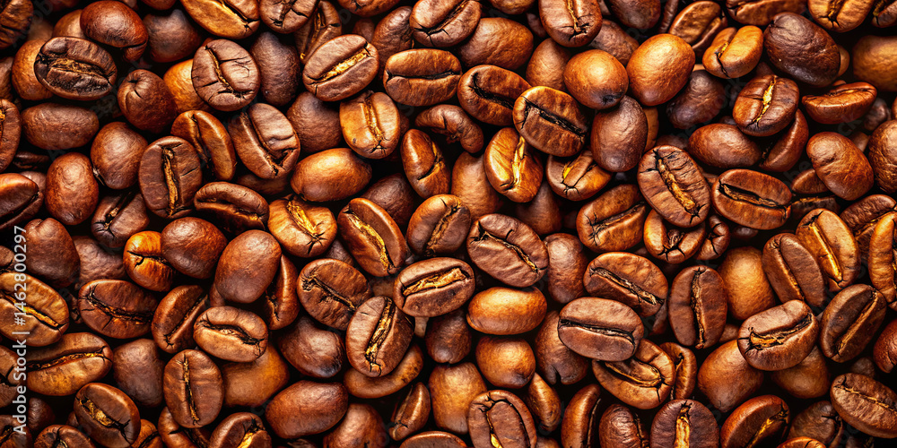 Naklejka premium Dark roasted coffee beans fill the frame, each with unique textures and colors. The beans are scattered over a wooden surface, highlighting their rich hues and subtle variations
