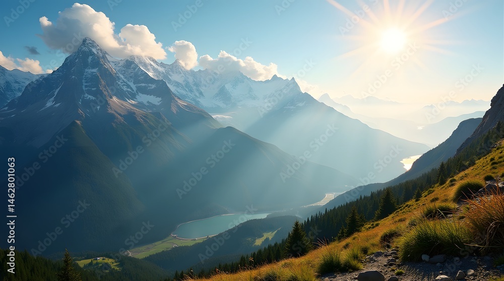 Obraz premium Breathtaking mountain landscape at sunrise, with golden rays illuminating the peaks and valleys, creating a serene atmosphere.