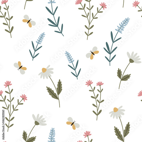Floral seamless pattern with flowers and plants Vector seamless pattern