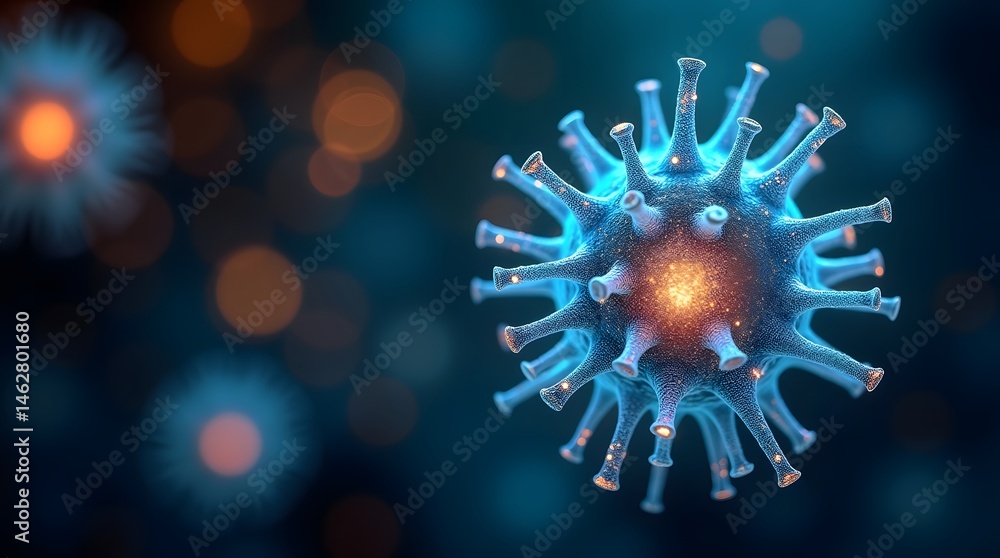 Obraz premium A detailed digital illustration of a virus, showcasing its structure with glowing blue and orange colors against a blurred background.