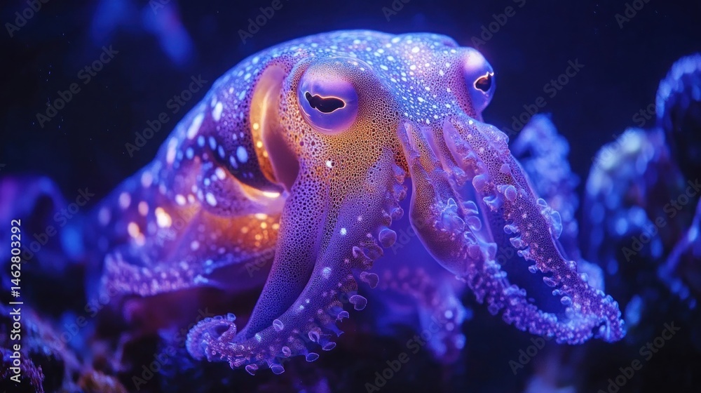 Obraz premium Glowing squid in aquarium, coral background