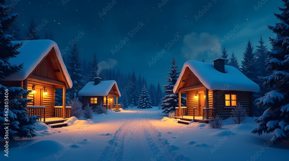 Serene winter night with cozy wooden cabins illuminated in a snowy forest. Serene winter night with cozy wooden cabins illuminated in a snowy forest.