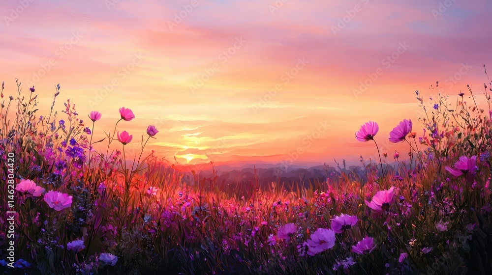 Obraz premium A field of flowers with a sunset in the background