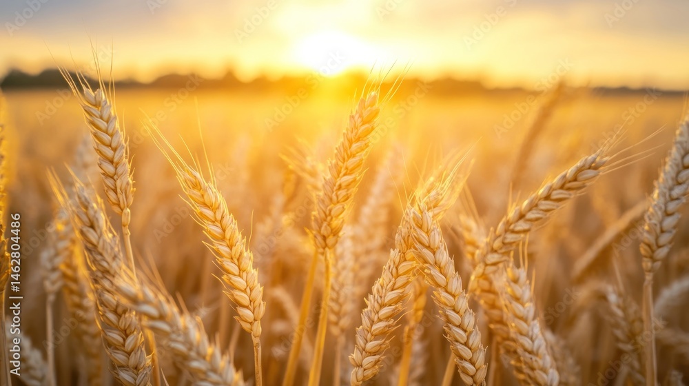 Fototapeta premium Golden wheat field at sunset, rural landscape