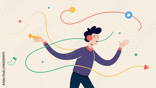 GestureControlled Music An artist creating music through hand gestures in midair with colorful lines showing the movements interacting with an unseen interface.