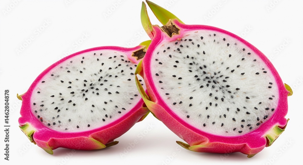 Two halves of a dragon fruit with white flesh and black seeds on a plain white background surface view Two halves of a dragon fruit with white flesh and black seeds on a plain white background surface view