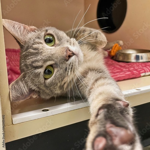 Quadro su tela Gray Tabby Cat Reaching From Kennel With Bright Eyes..