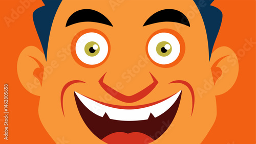 Exaggerated Features An extreme closeup that highlights a face with oversized smiling lips curved upward squinted eyes gleaming with happiness and playful dimples. The skin is