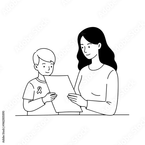 Mother and son happily reading a document together at home  