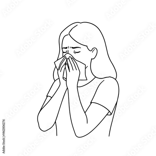 Young woman feeling unwell while sneezing in a minimalistic sketch  