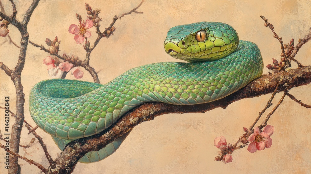 Fototapeta premium Green snake coiled on branch, pink blossoms, nature background