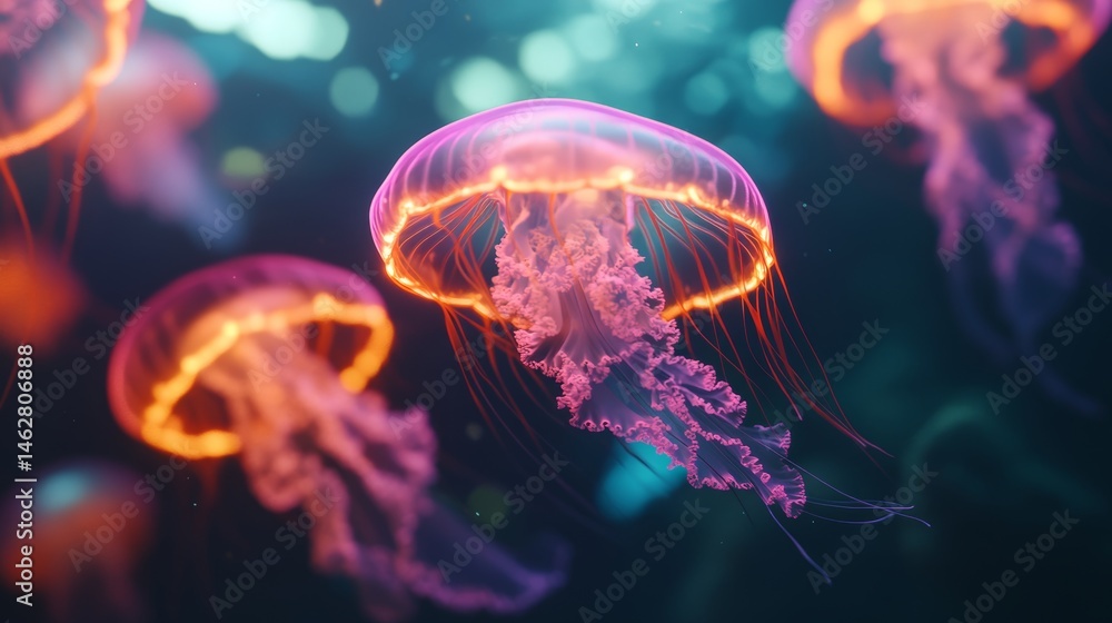 A deep underwater world where bioluminescent sea creatures, such as jellyfish and anglerfish, illuminate the dark ocean depths A deep underwater world where bioluminescent sea creatures, such as jellyfish and anglerfish, illuminate the dark ocean depths