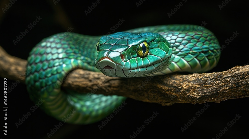 Fototapeta premium Green viper on branch, rainforest, night. Wildlife photography for nature documentaries