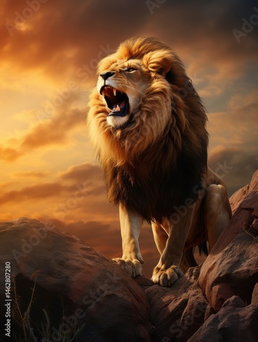 Majestic lion roaring on rocky outcropping