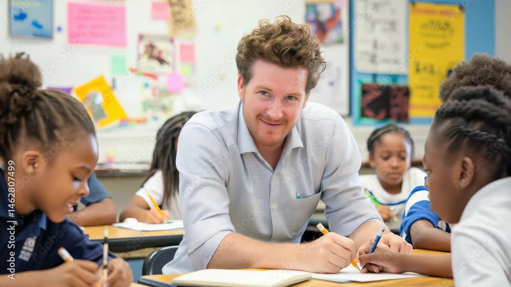 A teacher at a desk smiles as he works with his students, who are also smiling and actively engaged in their schoolwork. The classroom is filled with light and learning. A teacher at a desk smiles as he works with his students, who are also smiling and actively engaged in their schoolwork. The classroom is filled with light and learning.